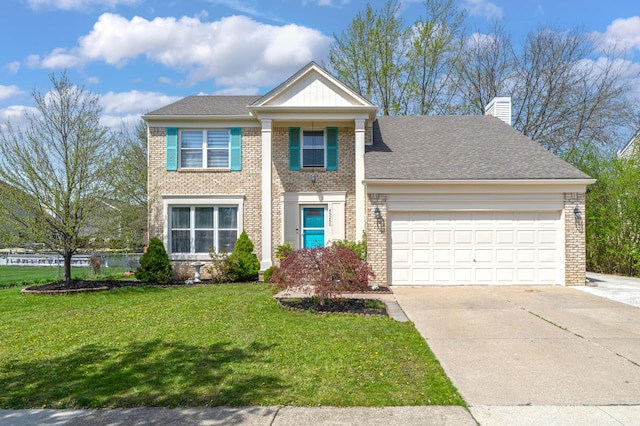 view of front of home featuring brick siding, an attached garage, driveway, and a front yard