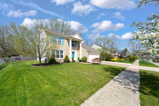 view of front of house featuring a front yard, a garage, brick siding, fence, and concrete driveway