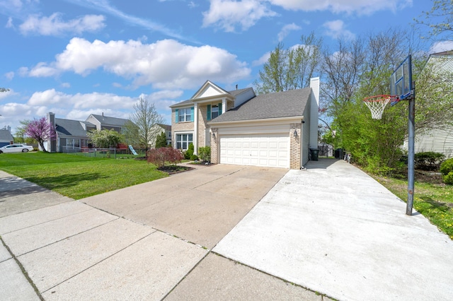 traditional home with a front lawn, a chimney, brick siding, concrete driveway, and an attached garage