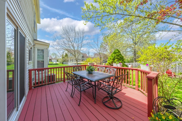 wooden deck featuring a fenced backyard and outdoor dining area