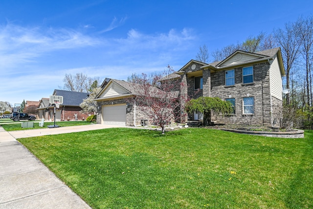 51466 Promenade Ln, New Baltimore, MI 48047 - view of front facade with concrete driveway, a front lawn, stone siding, and a garage