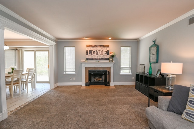 51466 Promenade Ln, New Baltimore, MI 48047 - carpeted living room featuring healthy amount of natural light, baseboards, a tiled fireplace, and crown molding