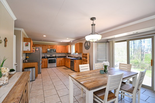 51466 Promenade Ln, New Baltimore, MI 48047 - dining room with ornamental molding, light tile patterned flooring, and recessed lighting
