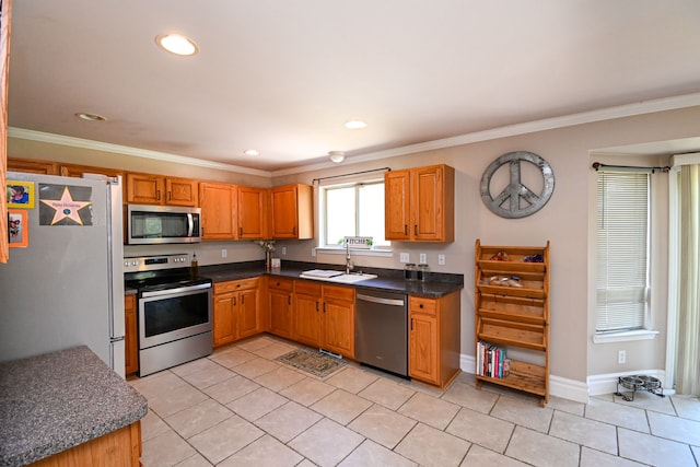 51466 Promenade Ln, New Baltimore, MI 48047 - kitchen featuring stainless steel appliances, a sink, light tile patterned floors, dark countertops, and ornamental molding