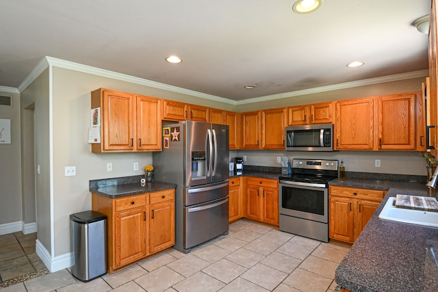 51466 Promenade Ln, New Baltimore, MI 48047 - kitchen with stainless steel appliances, a sink, light tile patterned floors, recessed lighting, and crown molding