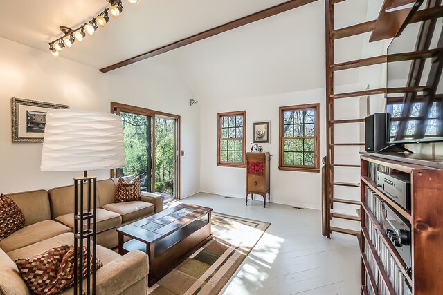 living area with baseboards, vaulted ceiling, and rail lighting