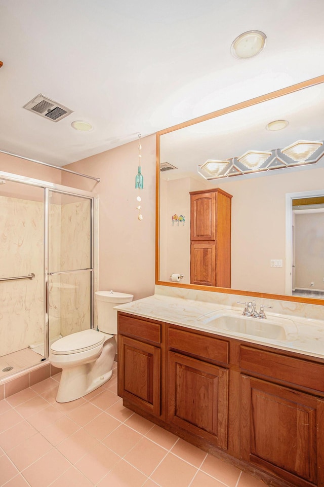 full bath with toilet, visible vents, a shower stall, and vanity