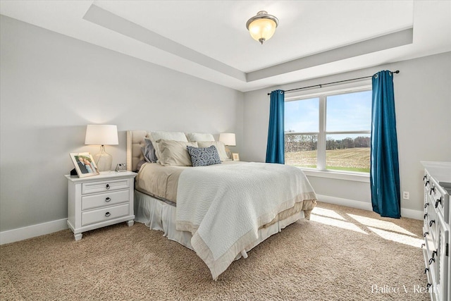 bedroom featuring baseboards, a tray ceiling, and light colored carpet