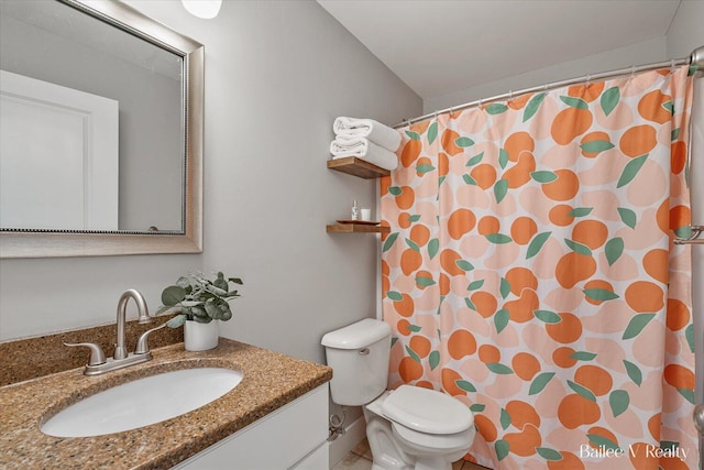 full bathroom with vanity, toilet, and a shower with shower curtain