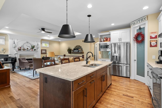 kitchen with a sink, light wood finished floors, white cabinetry, and stainless steel appliances