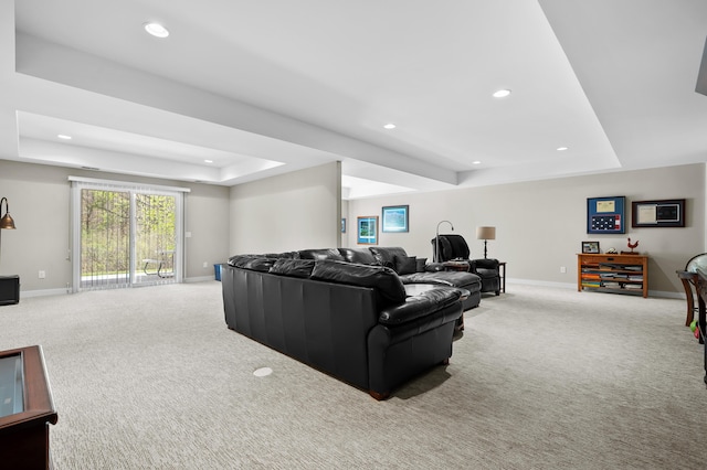 living area with carpet floors, baseboards, and a raised ceiling