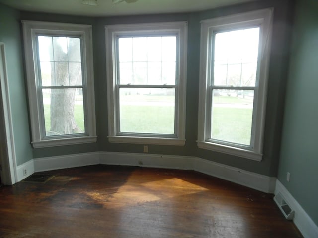 spare room with baseboards, visible vents, a wealth of natural light, and dark wood finished floors