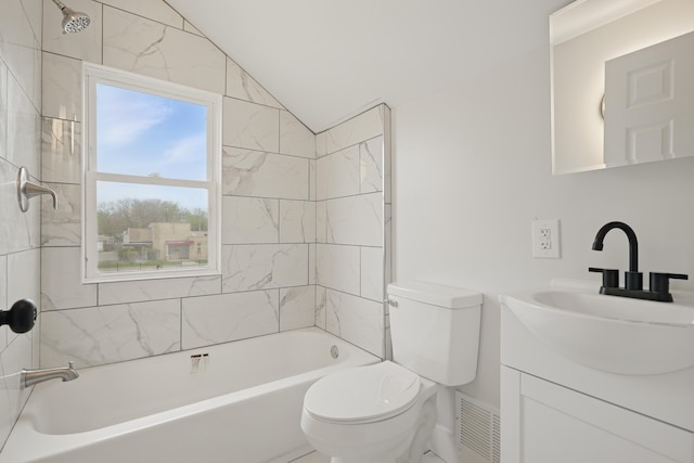 bathroom featuring bathtub / shower combination, vanity, toilet, vaulted ceiling, and visible vents