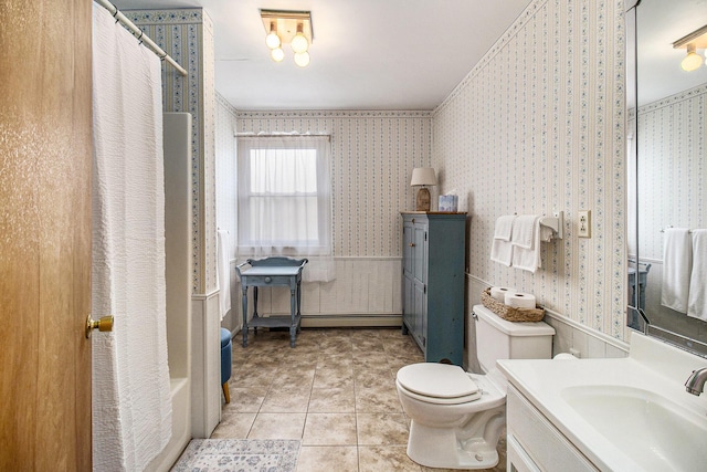 full bath featuring wallpapered walls, a shower with curtain, vanity, toilet, and tile patterned floors