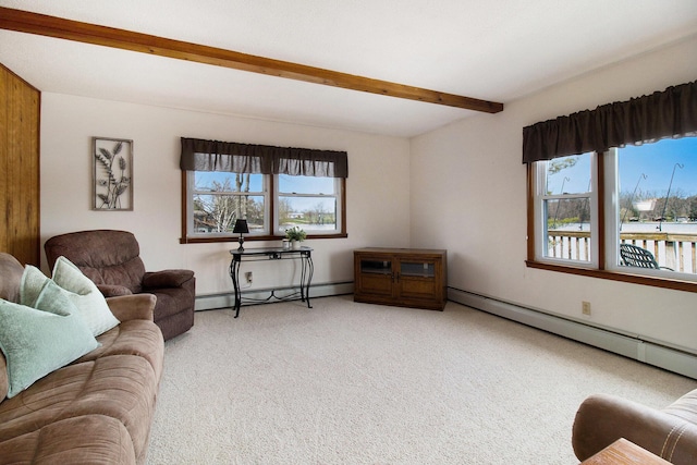living room with a baseboard radiator, light carpet, beam ceiling, and baseboards
