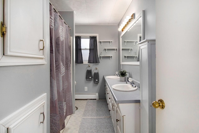full bathroom featuring a baseboard radiator, double vanity, and a shower with curtain