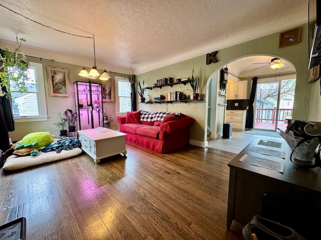 2361 Montroyal Ave, Waterford, MI 48328 - living area featuring wood finished floors, arched walkways, a textured ceiling, and a wealth of natural light