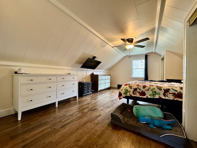 2361 Montroyal Ave, Waterford, MI 48328 - bedroom featuring dark wood-type flooring, a ceiling fan, baseboards, and lofted ceiling