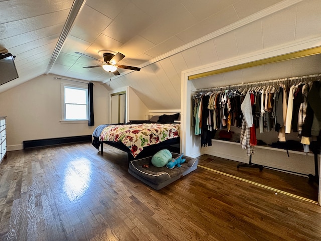 2361 Montroyal Ave, Waterford, MI 48328 - bedroom featuring baseboards, ceiling fan, wood finished floors, and lofted ceiling