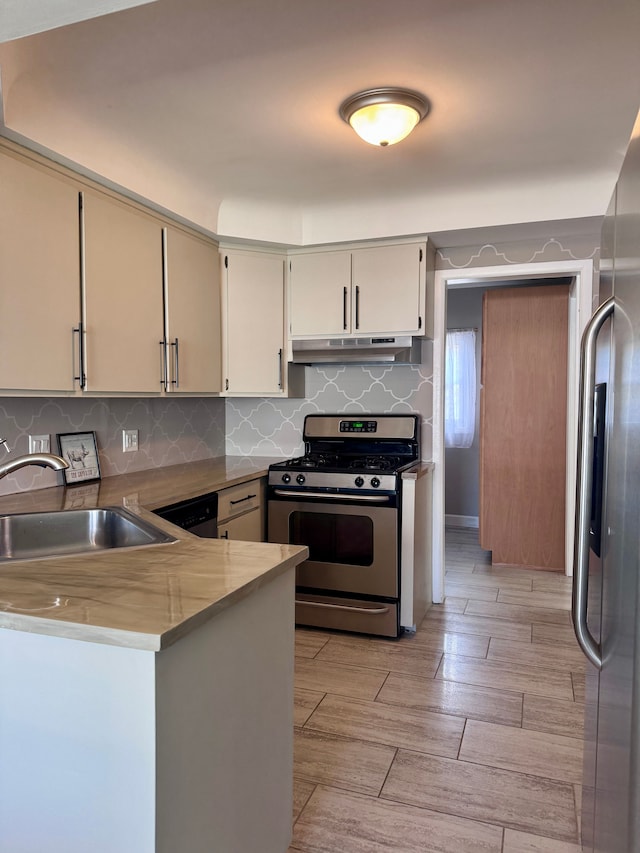 kitchen with light wood-style floors, under cabinet range hood, tasteful backsplash, a sink, and stainless steel appliances