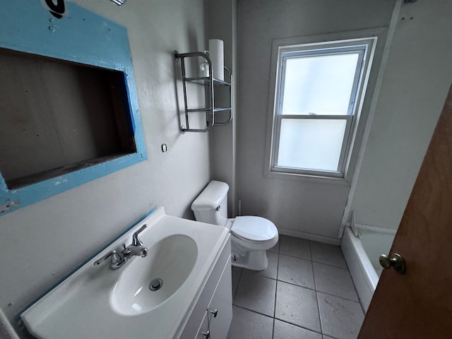 bathroom with tile patterned flooring, vanity, toilet, a shower, and a bath
