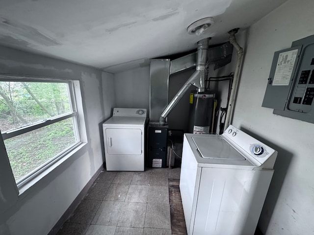 laundry room featuring electric panel, laundry area, baseboards, water heater, and washer and clothes dryer