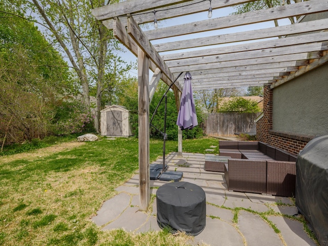 view of patio featuring outdoor lounge area, fence, a pergola, a shed, and an outbuilding