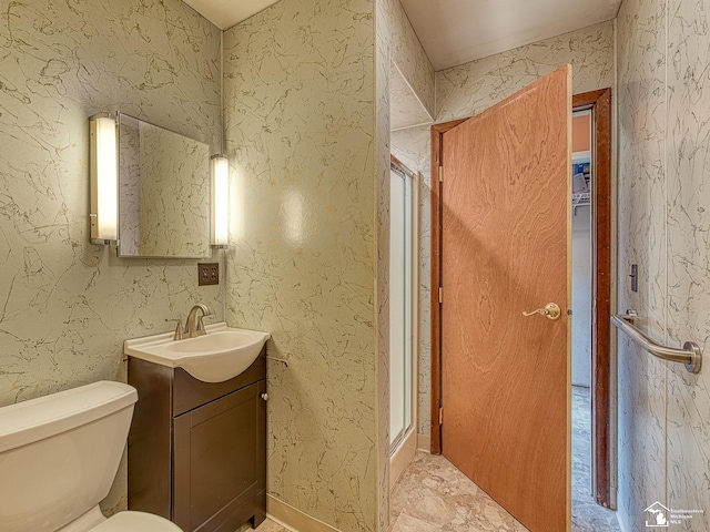 bathroom with toilet, a shower stall, and vanity
