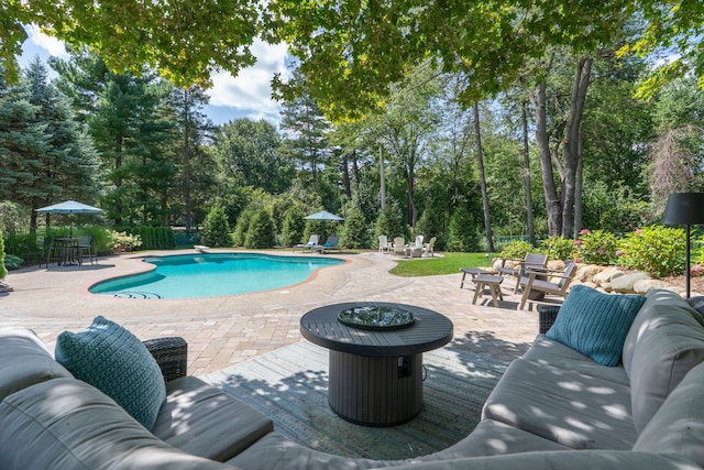 pool with an outdoor living space with a fire pit, a patio area, and outdoor dining space