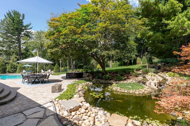 view of property's community featuring a patio area, outdoor dining space, and a swimming pool
