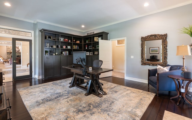 office area featuring ornamental molding, recessed lighting, baseboards, and dark wood finished floors