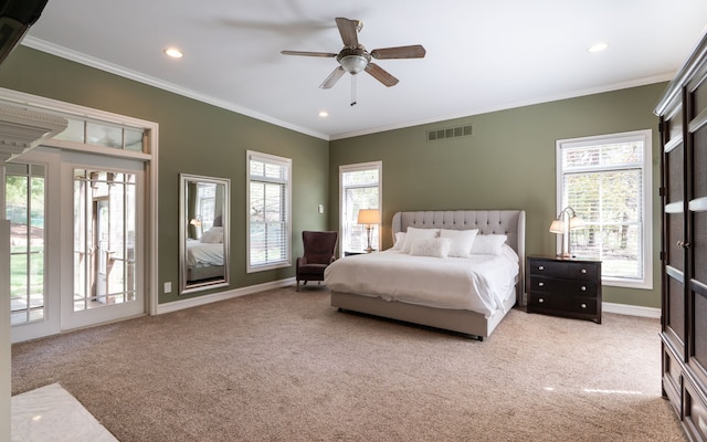 bedroom featuring recessed lighting, light carpet, visible vents, and access to exterior