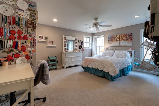 bedroom with carpet, baseboards, ceiling fan, and recessed lighting