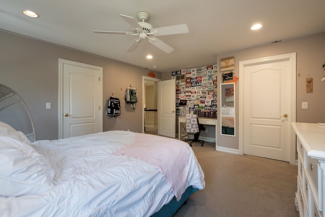 bedroom with a ceiling fan, recessed lighting, and light colored carpet