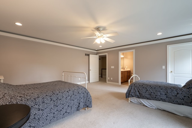 bedroom featuring light colored carpet, ornamental molding, visible vents, recessed lighting, and baseboards