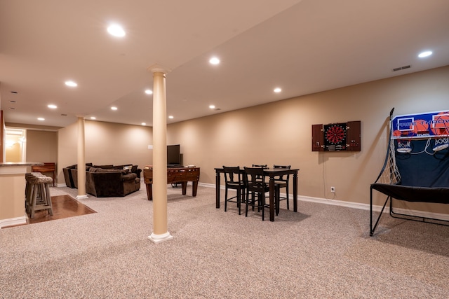 dining space with carpet flooring, baseboards, decorative columns, and recessed lighting
