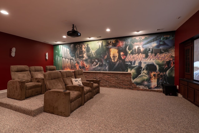 carpeted home theater room featuring visible vents and recessed lighting