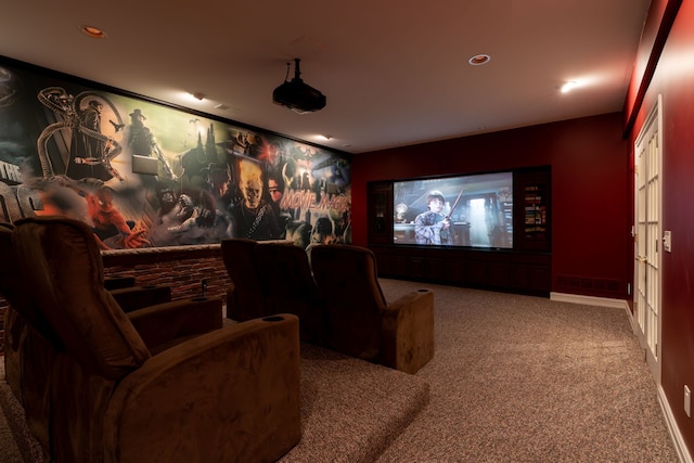 carpeted home theater featuring baseboards and recessed lighting
