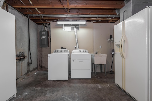 laundry area with laundry area, a sink, washing machine and dryer, and electric panel
