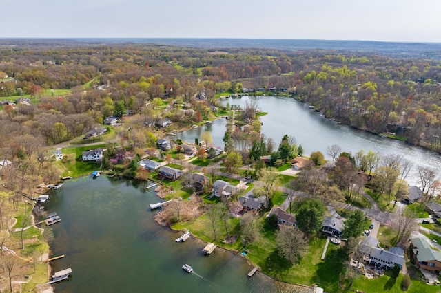 bird's eye view with a water view and a view of trees