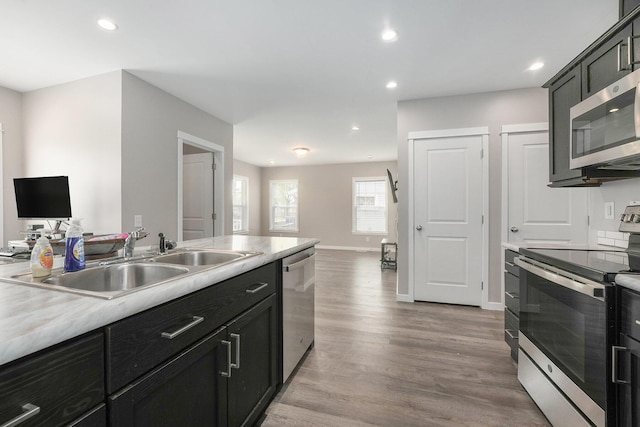 kitchen featuring a sink, light countertops, light wood-style floors, stainless steel appliances, and recessed lighting