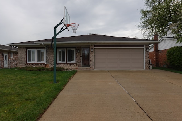 ranch-style home with brick siding, an attached garage, a front yard, and concrete driveway