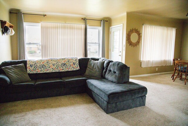 carpeted living area with baseboards