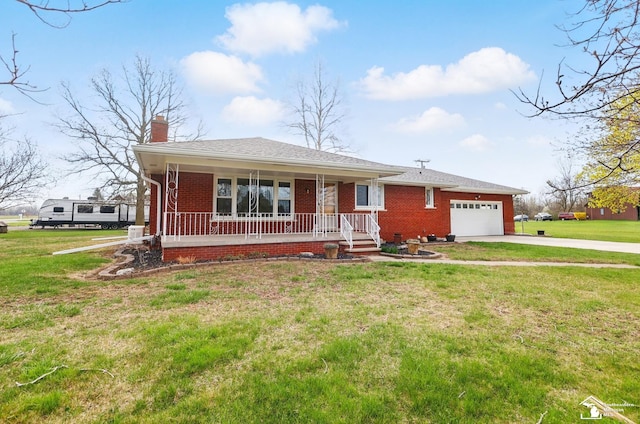 view of front facade featuring a garage, a chimney, brick siding, concrete driveway, and a porch