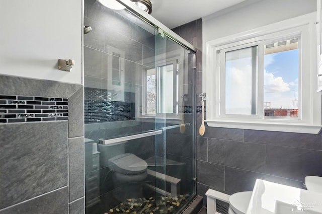 full bathroom with toilet, tile walls, a shower stall, and a wealth of natural light