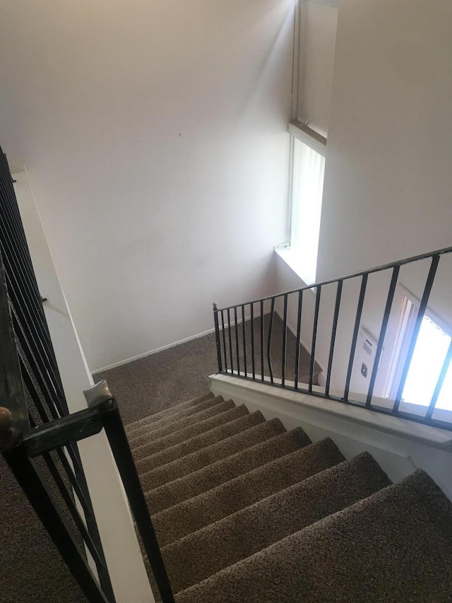 staircase with baseboards and carpet