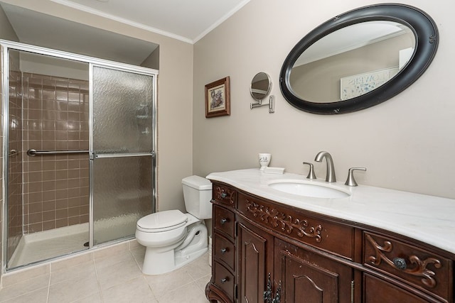 full bath featuring tile patterned flooring, a shower stall, vanity, toilet, and ornamental molding
