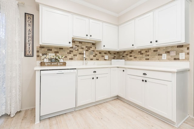 kitchen with decorative backsplash, light wood-type flooring, dishwasher, a sink, and light countertops