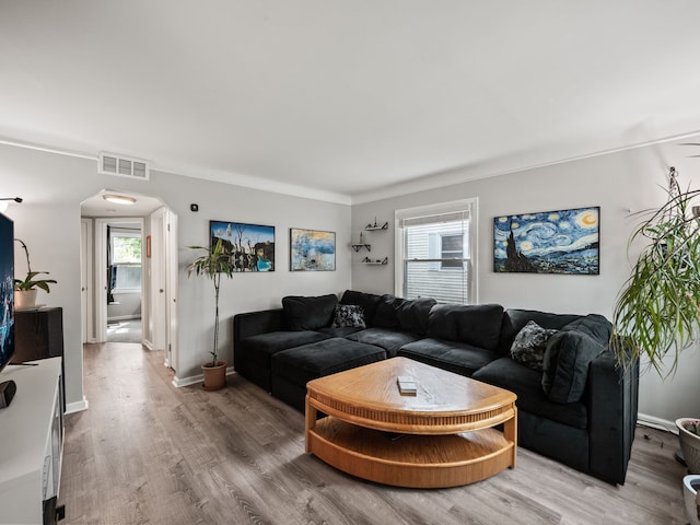 living room featuring a healthy amount of sunlight, arched walkways, wood finished floors, and visible vents
