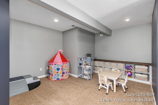 playroom featuring carpet floors, baseboards, and recessed lighting